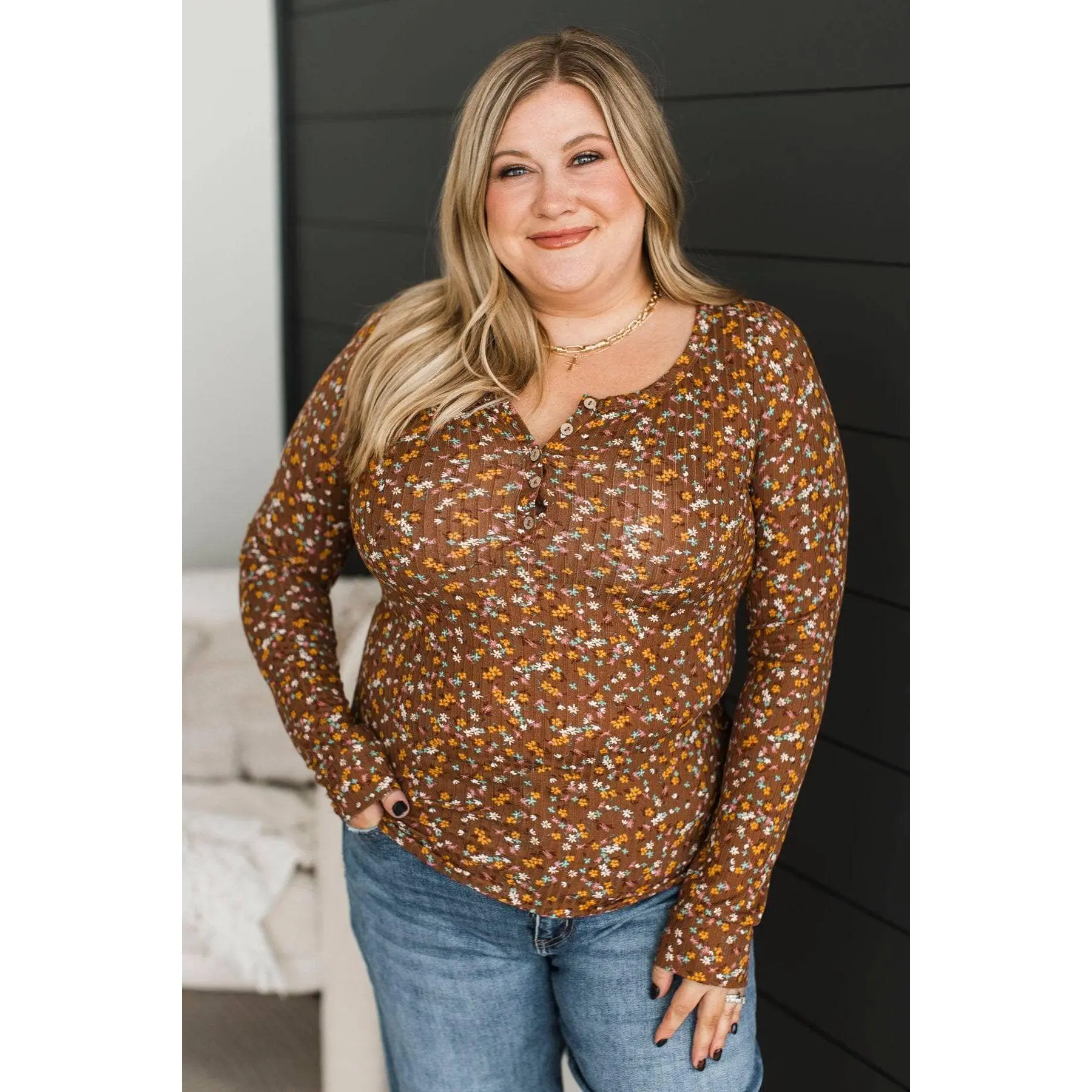 Seeking Harmony Floral Henley Top- Brown