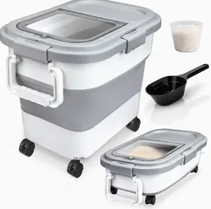Large Capacity Square Plastic Pet Food Storage Container with Wheels - Closed Seal, Moisture and Insect Resistant, Foldable, Measuring Cup for Cat and Dog Dry Food