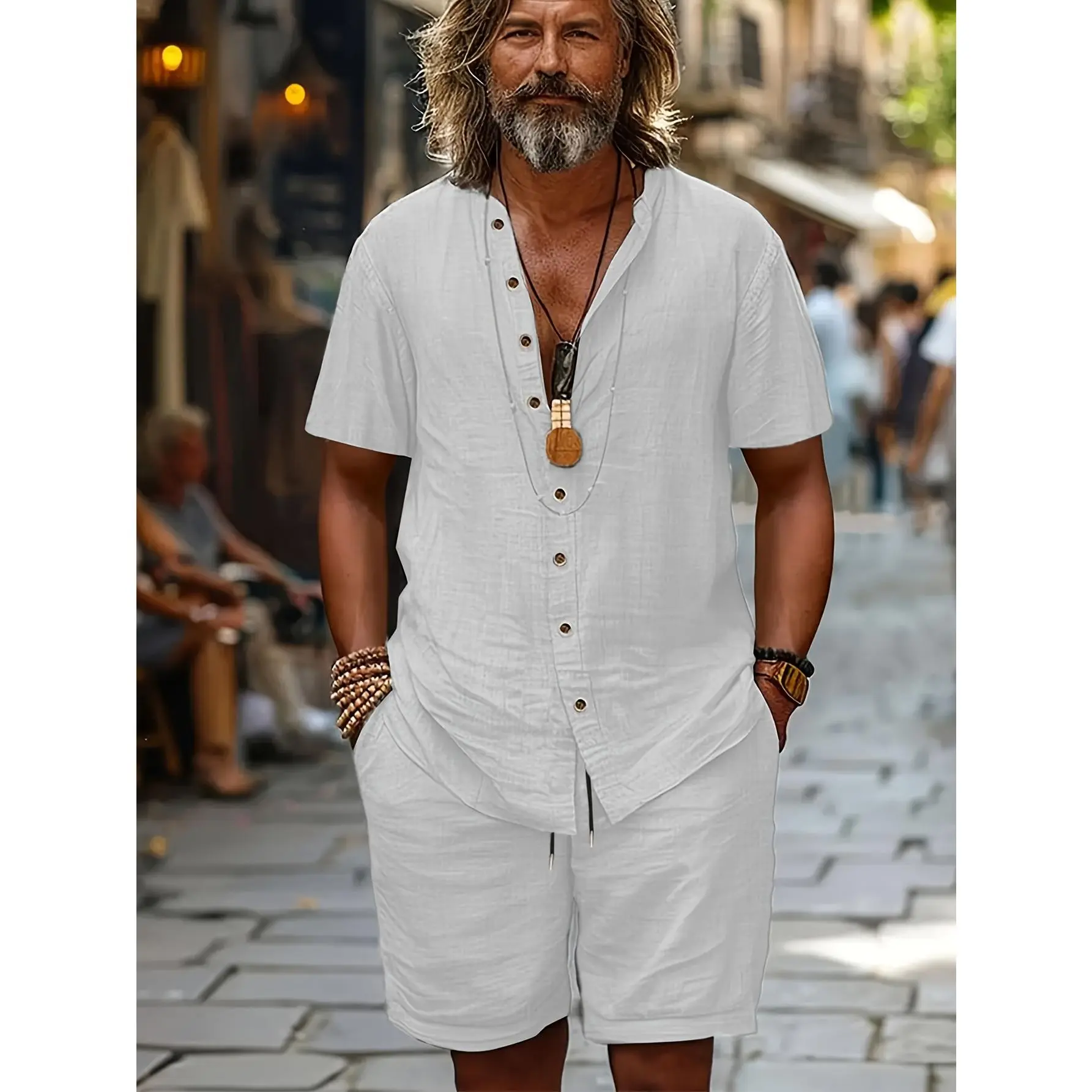 Men's Casual 2-Piece Co-ord Set, Solid Short Sleeve Sailor Collar Button-Up Shirt and Shorts Outfit for Summer Beach Vacation, Night Out, Hiking, Running, Activewear, Menswear, Outdoor