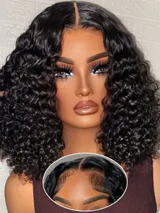 Wear And Go Short Bob Wig Human Hair Curly Deep Wave Glueless Wig 4X4 Lace Closure 200 Density Ready To Wear Beginner Friendly Kinky Curly Wig