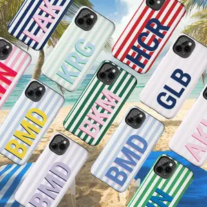 Personalized Shadow Monogram Retro Stripe Polycarbonate Shockproof Cellphone Casing - Custom Initials Protective Accessory for iPhone 13-17, Beachy Summer Devices Cover