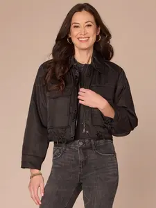 Long Sleeve Oversized Patch Pocket Cropped Reversible Woven Jacket