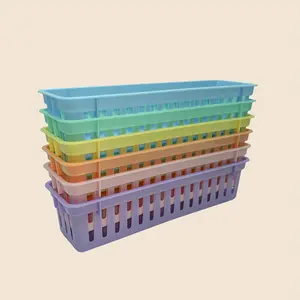 6pcs Square Storage Baskets, Macaron Plastic Organizer, Classic Simple Style, Classroom Pencil Basket, Office Desk Organization