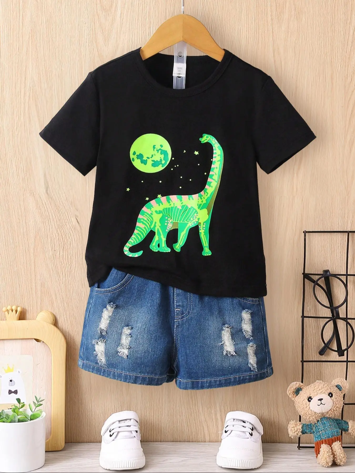Toddler Boy's Moon Dinosaur Print Round Neck Tee, Cute Short Sleeve T-shirt for Summer, Kids Clothes for Daily Wear, Going Out Outfits