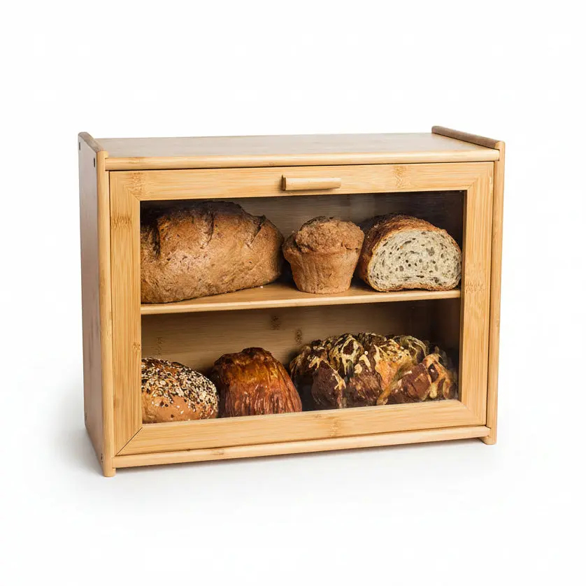 Large Double Layer Bamboo Bread Box with Clear Window - Farmhouse Style Bread Storage Bin, Holds 2 Loaves