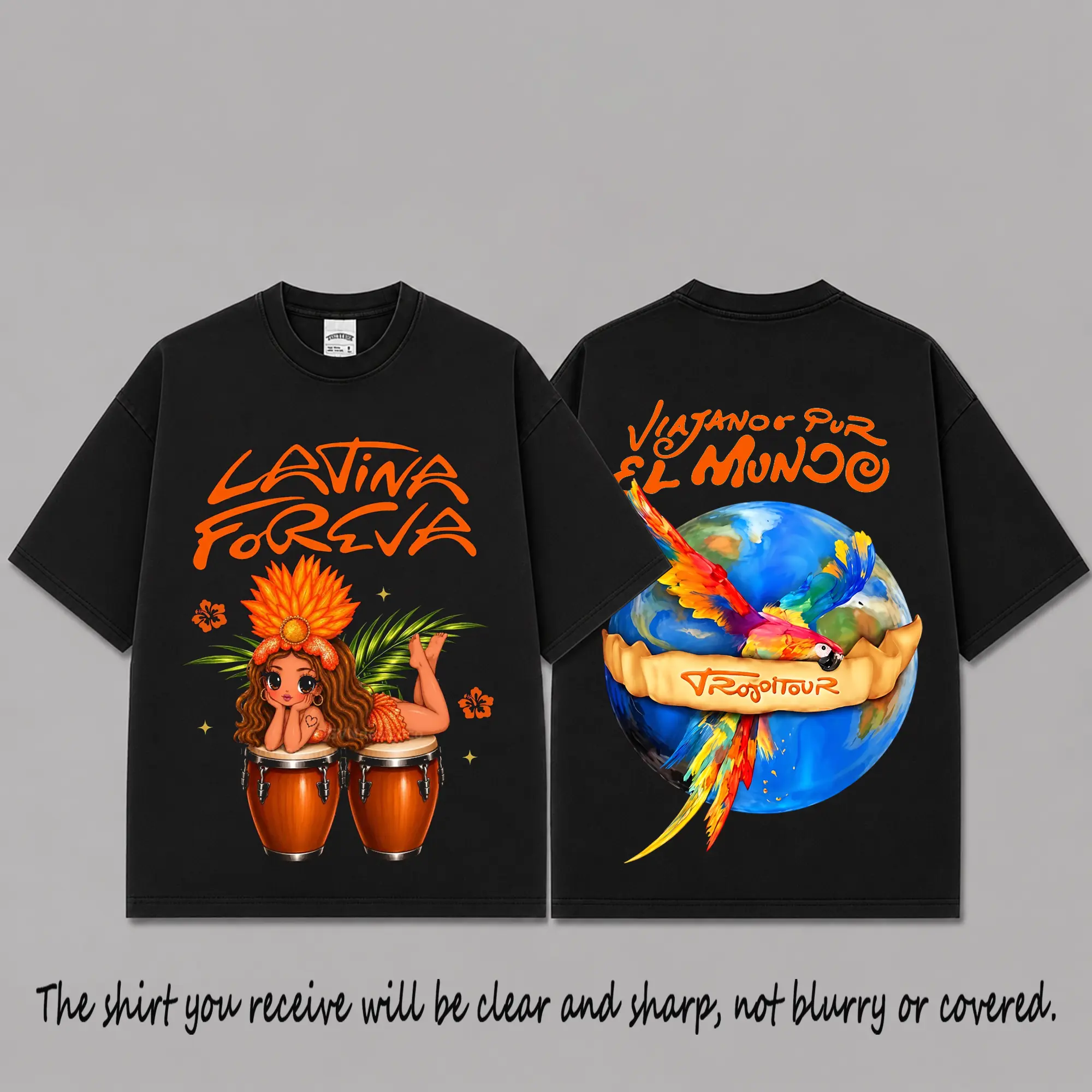 Latina Forever Viajando por el Mundo Graphic Premium Cotton T-Shirt, Tropitour Fan Tee, Tropical Parrot Concert Shirt, Chibi Conga Drum Music Merch, Black Oversized Streetwear Gift