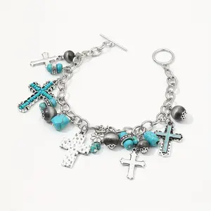 Ethnic-Style Western Cowboy Turquoise Imitation Cross Pendant, OT Buckle, Beaded Bracelet Jewelry Charm