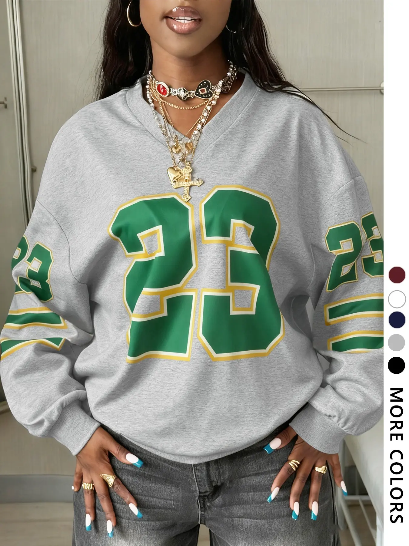 Women's V Neck Light Vintage Baseball Hoodie, Oversized Long Sleeve Casual Sweatshirt, Youthful Contrast Color, Fall & Winter, Womenswear