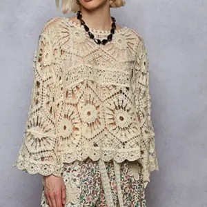 Crochet Floral Women 3/4 Sleeve Scalloped Edge Boho Top