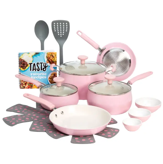 Tasty Ceramic Cookware Set 16 Piece Nonstick Aluminum Kitchen Pots and Pans Pink, Aluminum Cookware, Ceramic Pots and Pans, Ceramic Nonstick