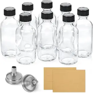 Boston Sample Bottles 8 Pack, 60ml - 2 oz Small Glass Bottles w/ Lid & 2 Stainless Steel Funnels for Potion, Juice, Wellness, Ginger Shots, Whiskey Kitchen Organiser