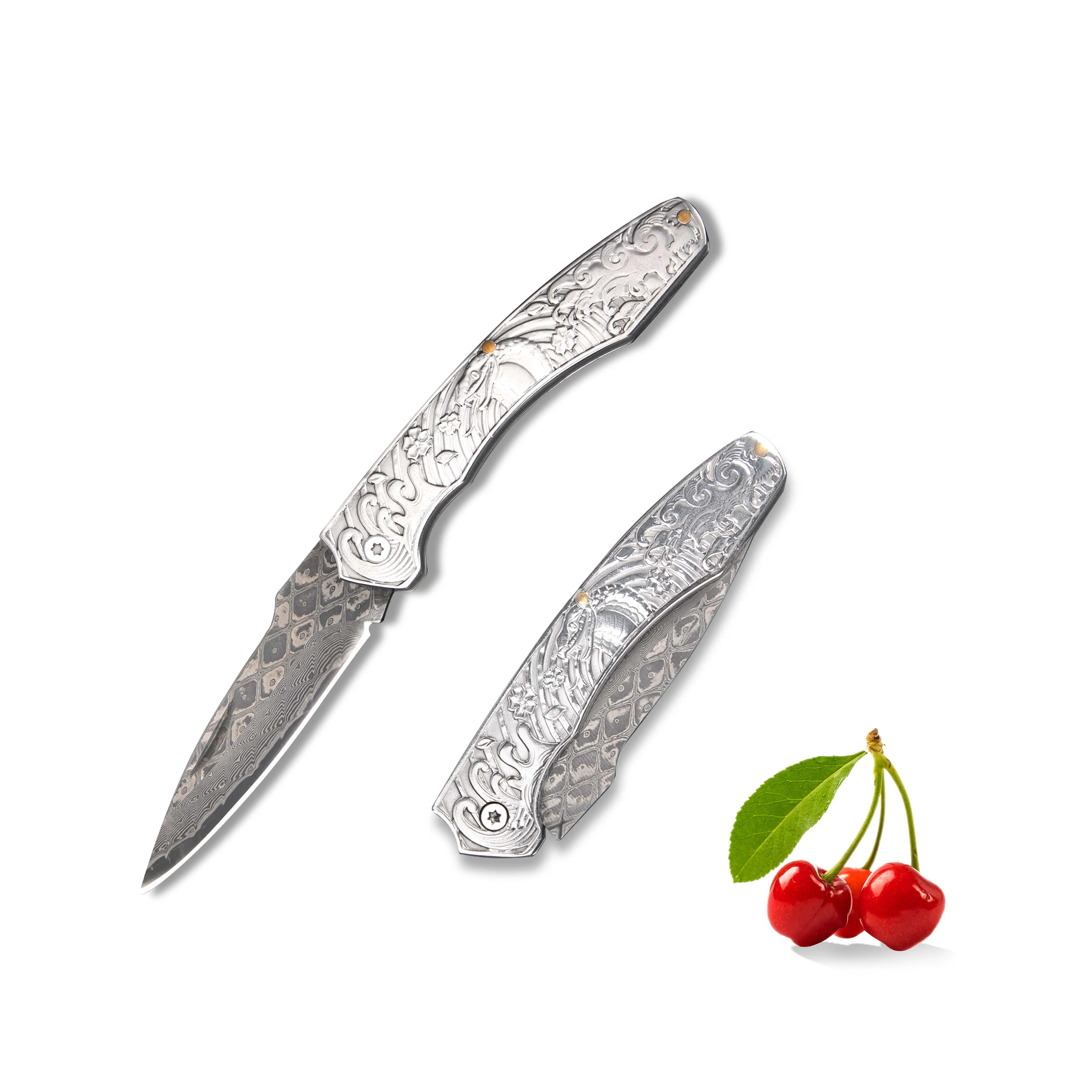 All-Stainless Steel Full Engraved Floral Pattern Folding Paring Knife - Camping Bushcrafting Whittling Fighting Tool, Decorative Item for All Ages Fruit Peeling & Collector Gift, Foldable, Hiking