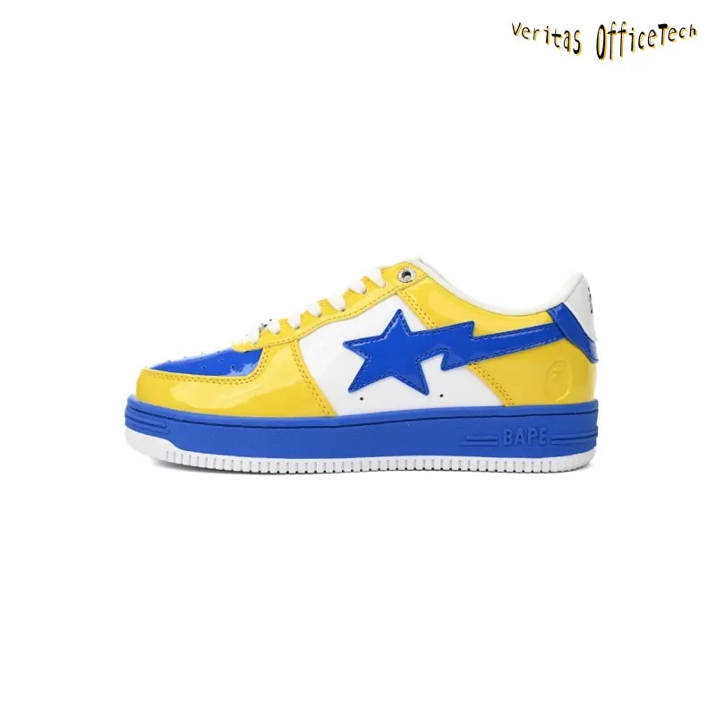 Yellow Blue White Glossy Patent Leather Low Top Star Graphic Skate Sneakers Retro Tri Color Block Streetwear Trainers for Urban Daily Outfits