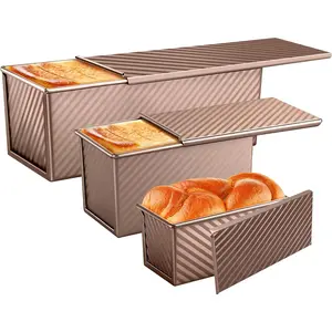 3 Pack Pullman Loaf Pans with Lids, 2.2LB 1LB 0.5LB Bread Pans, Non-stick Carbon Steel Bread Pans for Homemade Sandwich and Baking Sourdough Bread, Corrugated Toast Mold, Golden