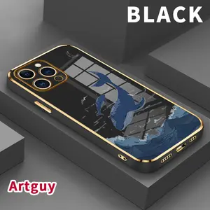 Phone Case for iPhone 17 Air 15 Pro Max 16 14 Plus 13 12 11 Whale under Moon Oceanic  Pattern Luxury Golden Electroplated Soft TPU Rugged Durable Cell Phone Cover