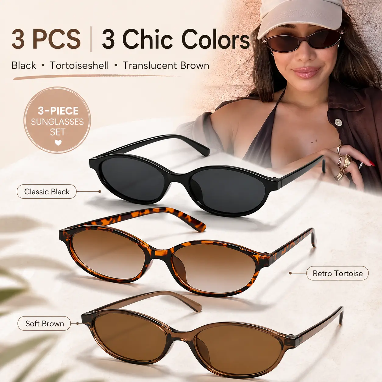 [Summer Vibes]3 PCS Retro Oval Sunglasses for Women Chic Cat Eye 90s Sunnies Lightweight Narrow Shades Trendy UV Protection Sunglasses Vintage Rich Girl Sunglasses Women Sunglasseswomen - MM2