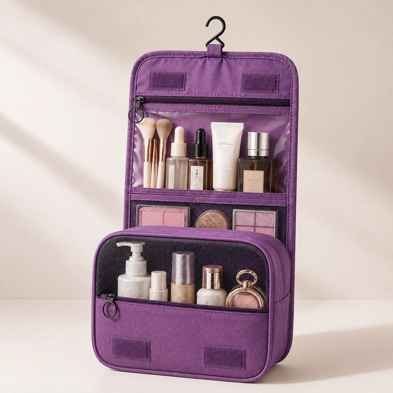 Hanging Makeup Bag for Travel, Travel Toiletry Bag for Women with Hook and Multiple Compartments, Large Cosmetic Organizer for Skincare, Makeup Brushes, Beauty Essentials and Toiletries, Water Resistant Travel Bag for Bathroom, Vacation Hangable