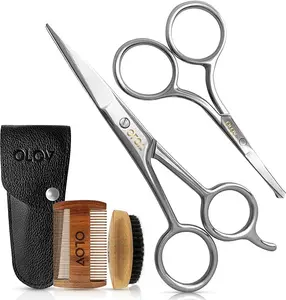 OLOV Professional Beard & Mustache Scissors - Beard Trimming Scissors Set with Boar Bristle Beard Brush with Wood Handle, Carrying Pouch for Men, 4 Pieces Moustache Comb Beard Grooming Scissors Kit