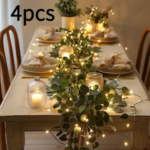 4-pack, total length 315 inches, 80 lamp eucalyptus leaf wreath pendant - battery powered holiday desktop decoration with warm and realistic leaves, perfect for dining table center decoration and indoor home decoration