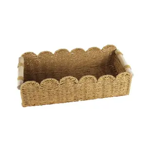 Rope Paper Towel Basket with Wooden Handle, Stylish Sealed Edges, Perfect for Toilet Top Shelves, Rustic Home Storage Solution, Scalloped Baskets