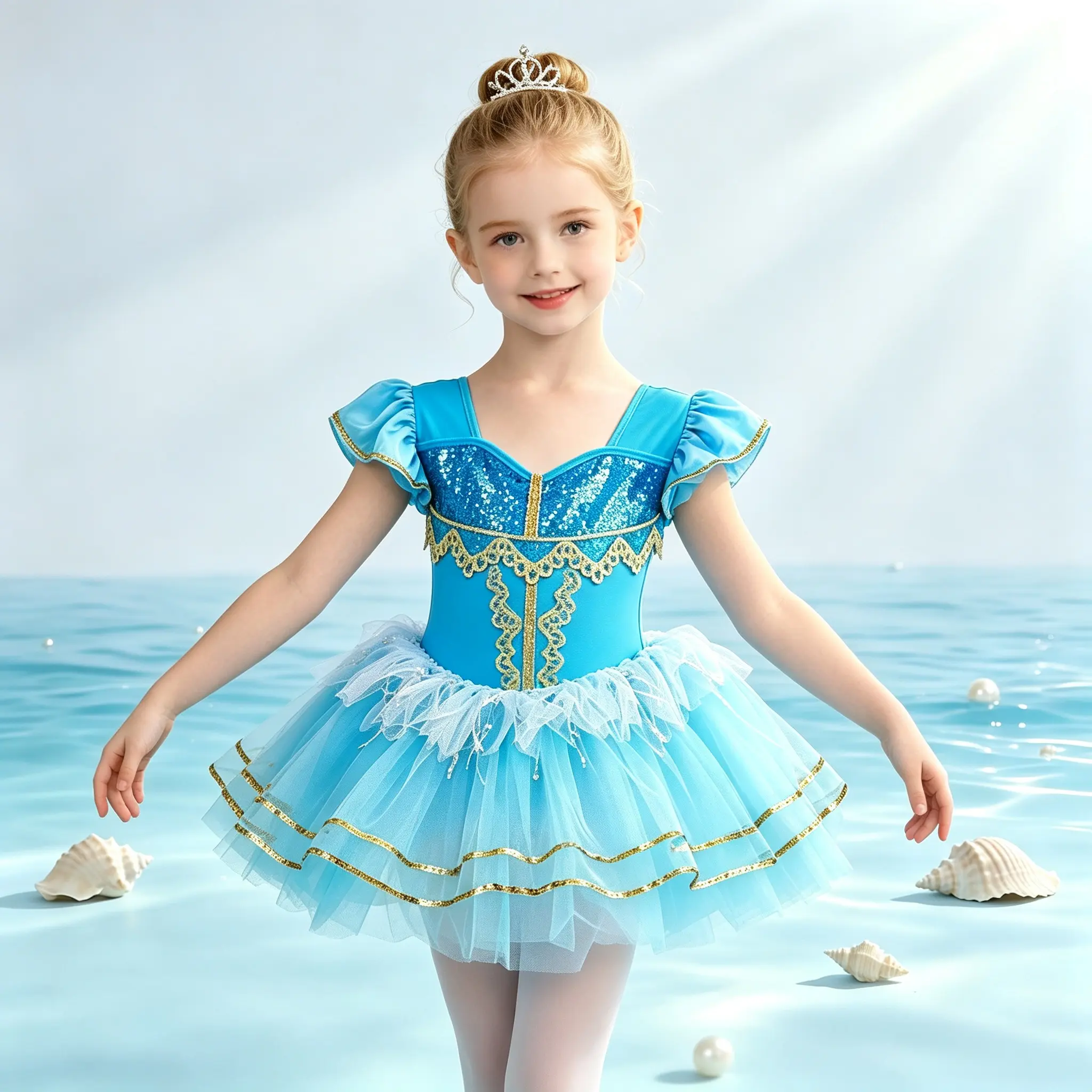 Girls' Ocean Mermaid Ballet Tutu Dress  girls   - Sparkly Sequin, Gold Trim Dance Leotard Skirt for Recital, Birthday Party  (  childrens fashion)   blue dress girl