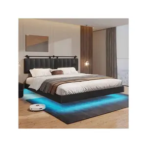 King Size Floating Bed Frame With LED Light, Modern Upholstered Platform Bed With Headboard, No Box Spring Needed