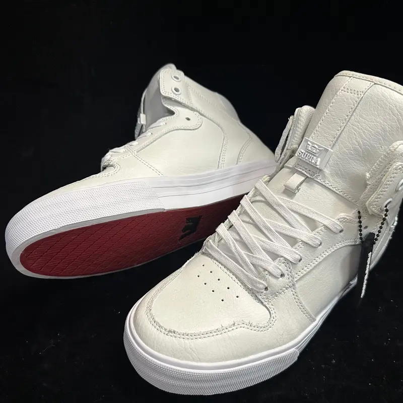 Supra Vaider Red White Ruched Leather High Top Sneakers Men Hip Hop Street Skate Shoes