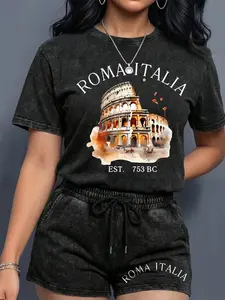 Women's Casual Two-Piece Set, Roman Arena Print Shortsleeve Short Pants, Vintage Street Fashion, Perfect for Holidays and Travel