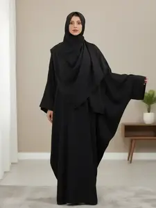 Middle Eastern Loose Abaya Prayer Robe with Headscarf, Muslim Ramadan Batwing Long Sleeve Dress, Fitted Plain All Seasons, Abaya Hijab Set