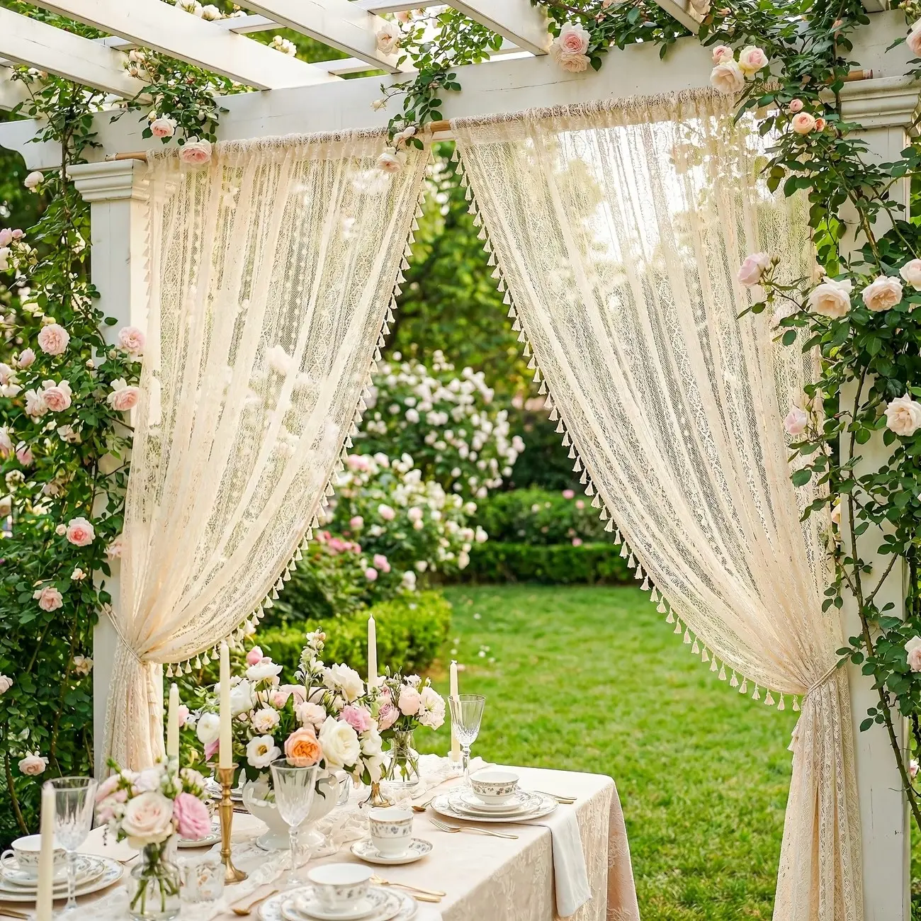 2 Pack Lightweight Boho Sun Sheer Curtains for Outdoor, Matching Lace Trim Design, Breathable & Airy Fabric, Great Value, Perfect for Spring & Summer, Ideal for Patio, Gazebo & Balcony Decor, Home Decoration Curtain