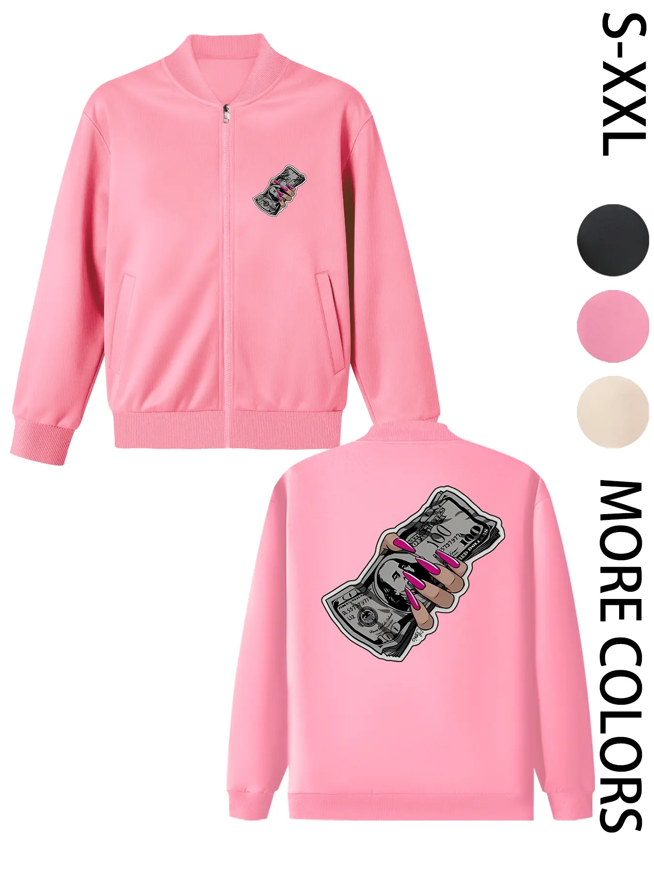 Women's American Street Style Hoodless Bomber Jacket with "HAND MONEY" Print, Lightweight Zip-Up Jacket, American Street Style Print Design, Suitable for All Seasons, Casual & Street Style