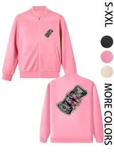 Women's American Street Style Hoodless Bomber Jacket with "HAND MONEY" Print, Lightweight Zip-Up Jacket, American Street Style Print Design, Suitable for All Seasons, Casual & Street Style