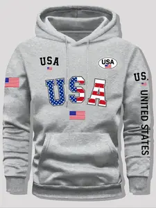 Men's Usa Flag Pattern Hoodie, United States Letter Printed Casual Knit Pullover, Unisex Fashion Casual Streetwear Sweatshirt for Fall & Winter