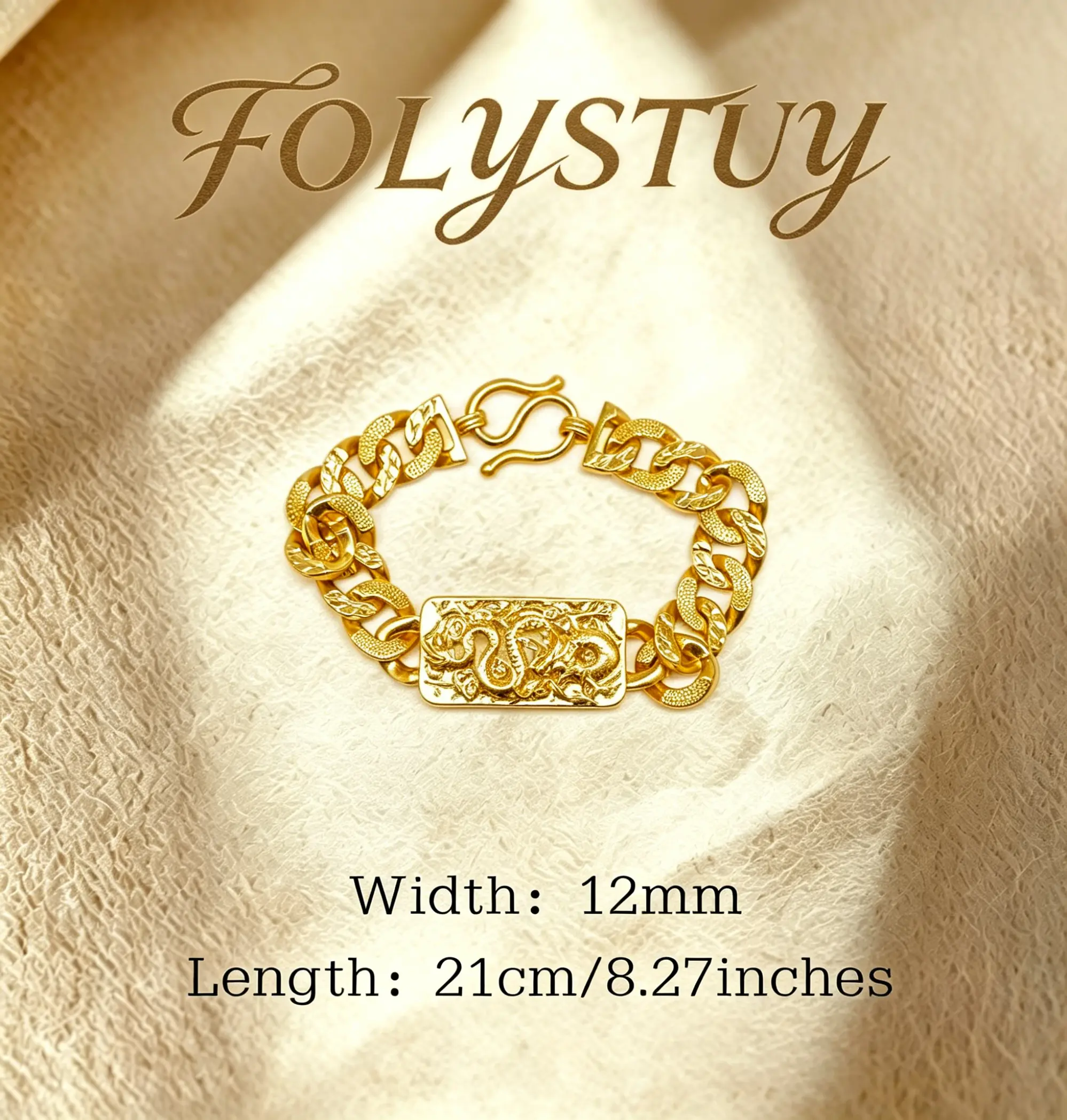 [12mm by 8.2inch Dragon Cuban Bracelet]【FOLYSTUY (YNW03)】Dragon Cuban Bracelet Unisex Elegant Design for Women or Men