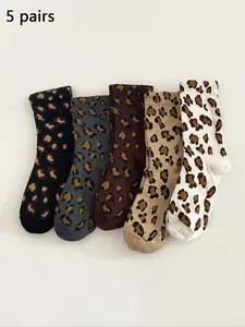 Women's Leopard Print Mid-Calf Knit Socks, Breathable Warm Cotton Socks, Casual Sporty Style, Soft Comfortable Fit for Fall Winter, Casual Stylish Socks