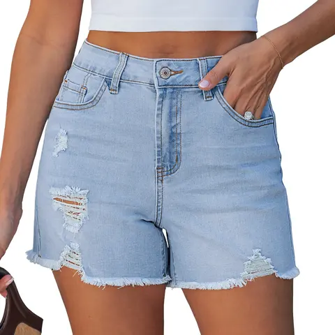 luvamia Women's High-Rise Ripped Jean Shorts - Soft Denim Feels Gentle, Stretch Fabric, Raw Hem, Zipper, Buttons, Pockets, Small Size Fit, Ideal for Country Concerts, Western Looks