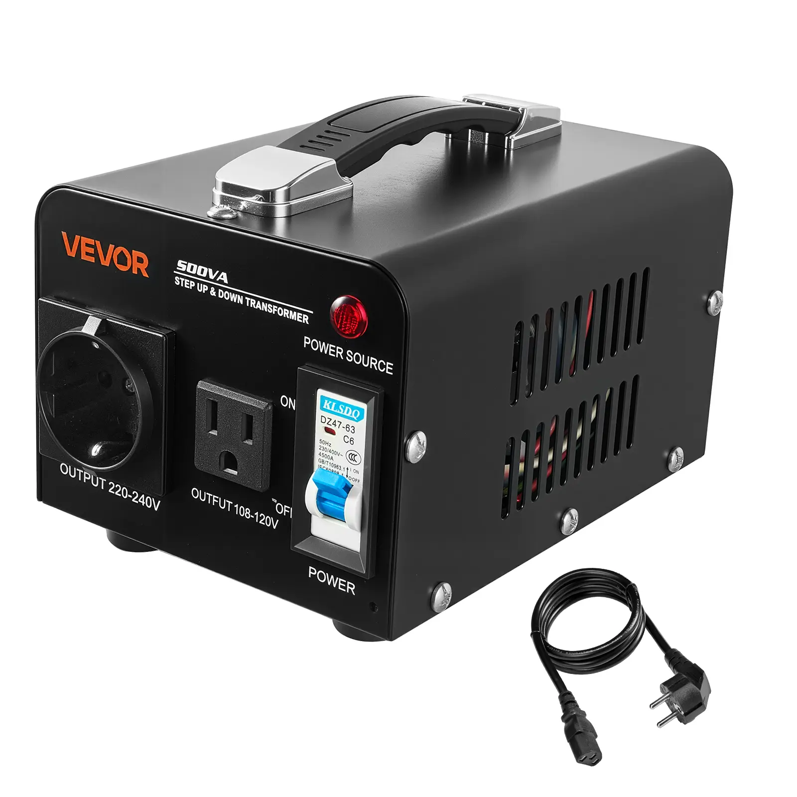 【DealsForYouDays】VEVOR 500VA Heavy Duty Step Up-Down Voltage Converter Transformer, 110V-220V Switch, Portable Compact Size, US/EU Outlets, Power Cord, Circuit Breaker & Dual Protection, Efficient & Quiet Operation, Father's Day Gift (Not for EV Charging)