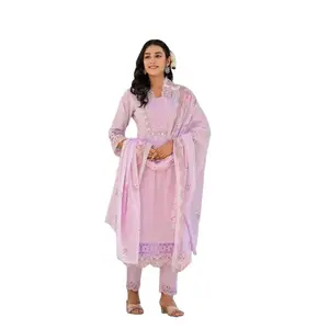 Premium Cotton Suit Set - 3-Piece Anarkali Dress with Heavy Neck & Fancy Hemline - 3/4 Sleeve Gown - Casual & Festive Wear - Women's Asian Style Clothes