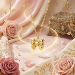 Gold Tone Puffy Bow Necklace with Heart Center, Copper Chain, 3D Ribbon Pendant - Coquette Aesthetic, Cute Vintage Style Costume Jewelry, Engagement Gift (Includes Pendant)