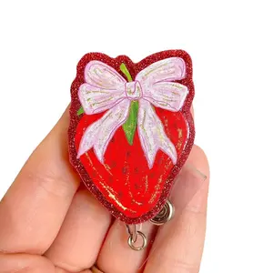 Glitter My Badge Pink bow Strawberry fruit badge reel for nurse and student nurse. Badge clip Badge pull - Retractable swivel clip with a 360 rotation. Great gift for coworker.