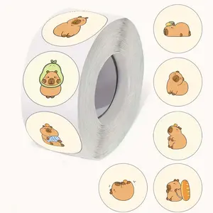 Cute Capybara Pattern Sticker, 500pcs/roll Cartoon Pattern Self Adhesive Label, Round Label Sticker for Greeting Card DIY Gift Wrapping Adhesive Stickers, Funny Stickers