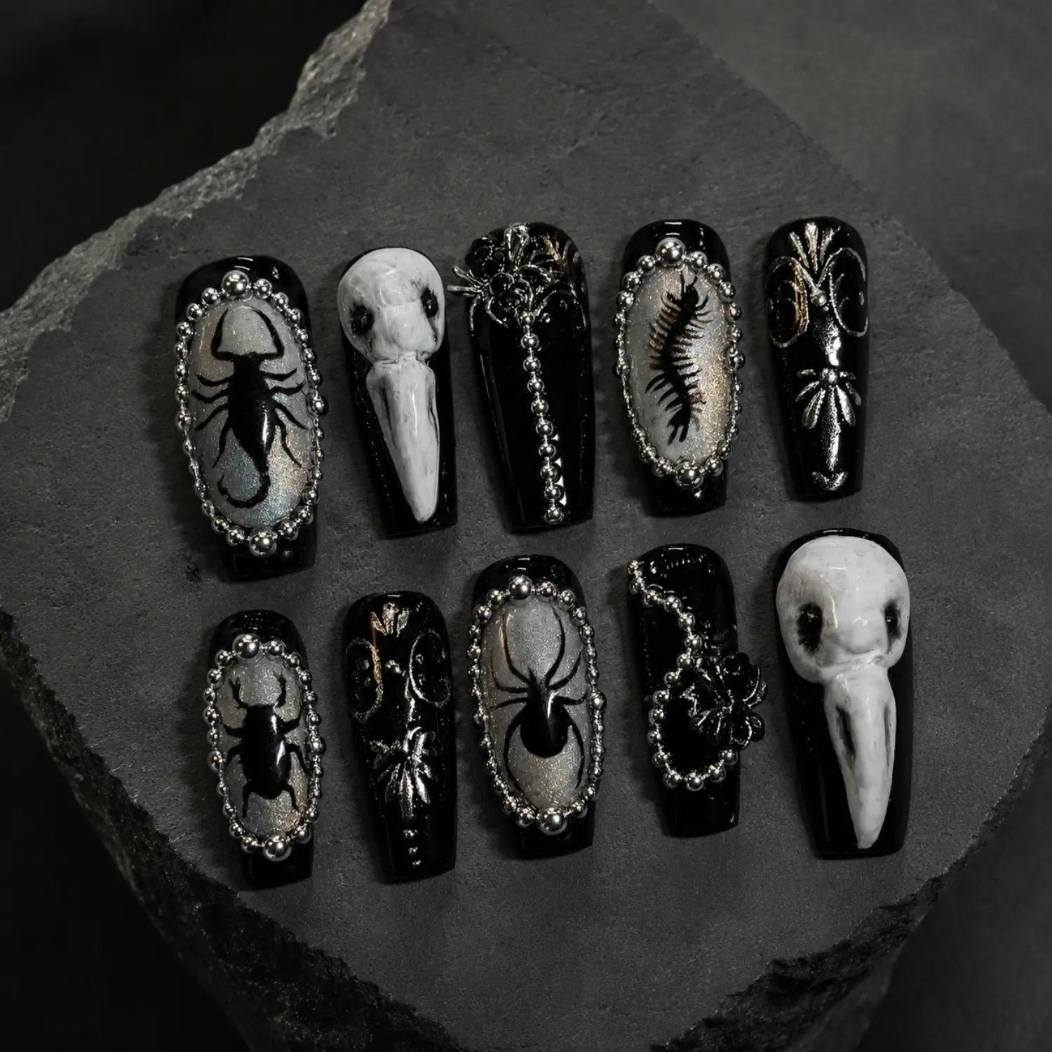 Gothic Insect Press On Nails, Black Spider Beetle Bone Skull Design, Silver Chrome Gothic Handmade Coffin Nail Set, Dark Alternative Halloween Manicure