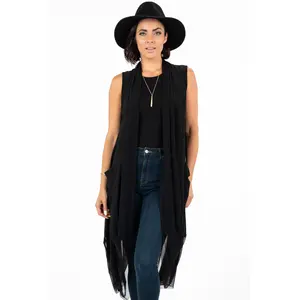 Women's Black Solid Flowy Sleeveless Cardigan Vest with Pockets