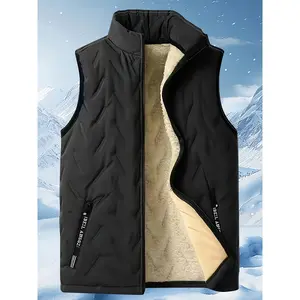 Men's Warm Fleece-Lined Sleeveless Jacket for Autumn and Winter, Lamb Fleece Vest with Stand Collar, Zippered Pockets, Ideal for Outdoor Activities, Keeps Core Body Warm, Non-elastic Fabric, Regular Style