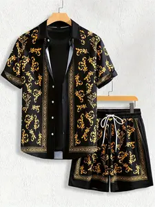 Men's casual floral print short-sleeve shirt + drawstring sports shorts two-piece set, suitable for Tropical beach leisure and Hawaiian vacations, stylish men's outfit, perfect summer gift, summer travel wear, everyday wear
