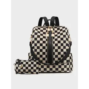 Checkerboard Pattern Backpack Set, Women'S Fashionable Vintage Trendy Casual Large Capacity Zipper Travel Backpack & Wristlet, Multifunctional Bag Set For Daily Use