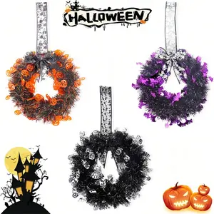 3/1 PCS-Halloween Door Knocker Set, Fall & Thanksgiving Front Door Decor, Rustic Wall Window Ornament, Artificial Wicker Pumpkin Bat Wool Garland