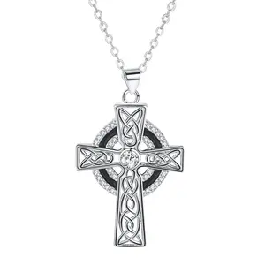 Vintage 925 Sterling Silver Celtic Cross Pendant Necklace  for Women, CZ Celtic Knot design Pendant with Black Enamel — Religious Gift Jewelry for Her easter christmas anniversary birthday
