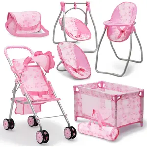 Stroller Bed and Swing Nursery Playset, Doll Accessories Furniture Set Convertible High Chair Diaper Bag Role Play Deluxe Doll Set
