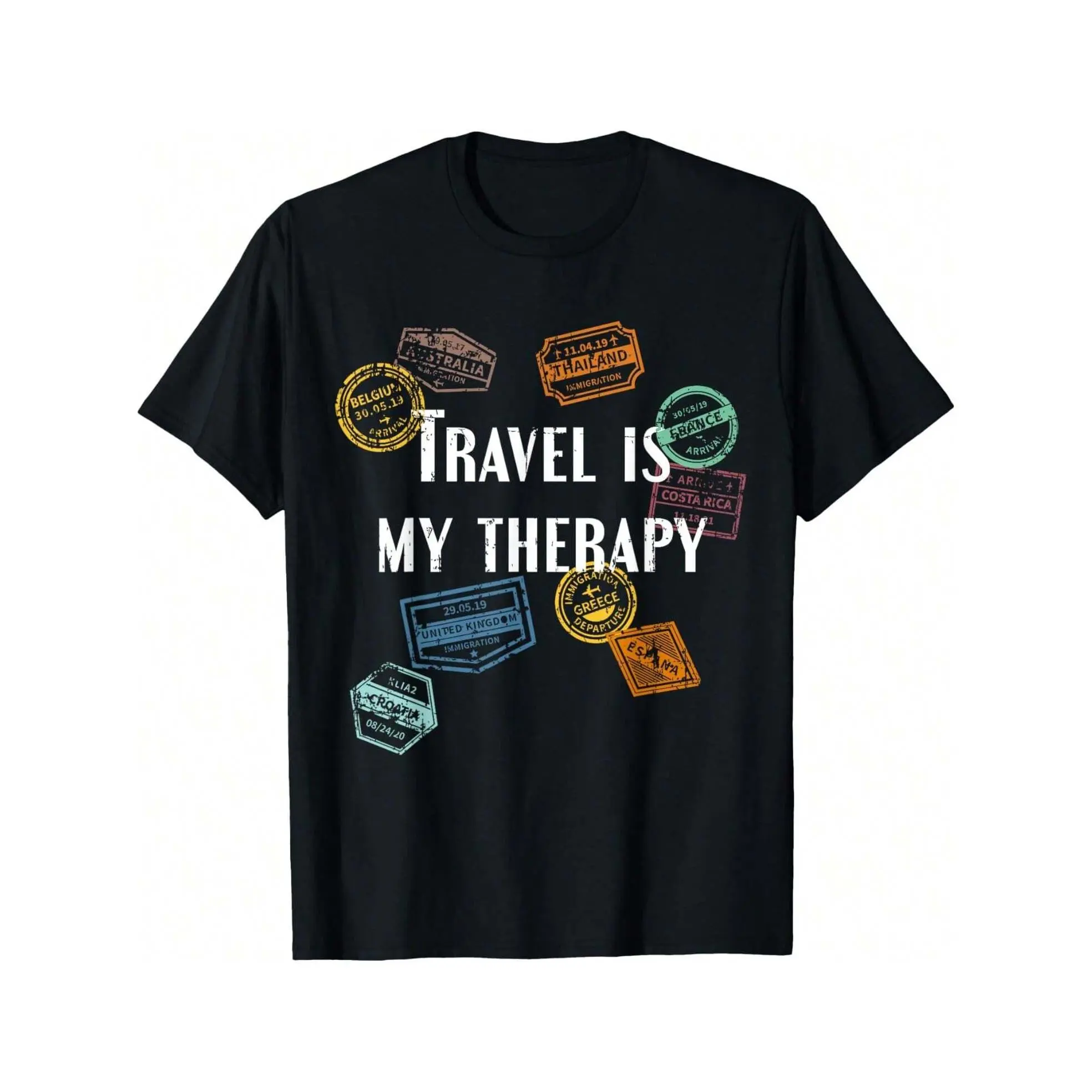 100% Cotton  Travel Is My Therapy Distressed World Traveler Passport T-Shirt